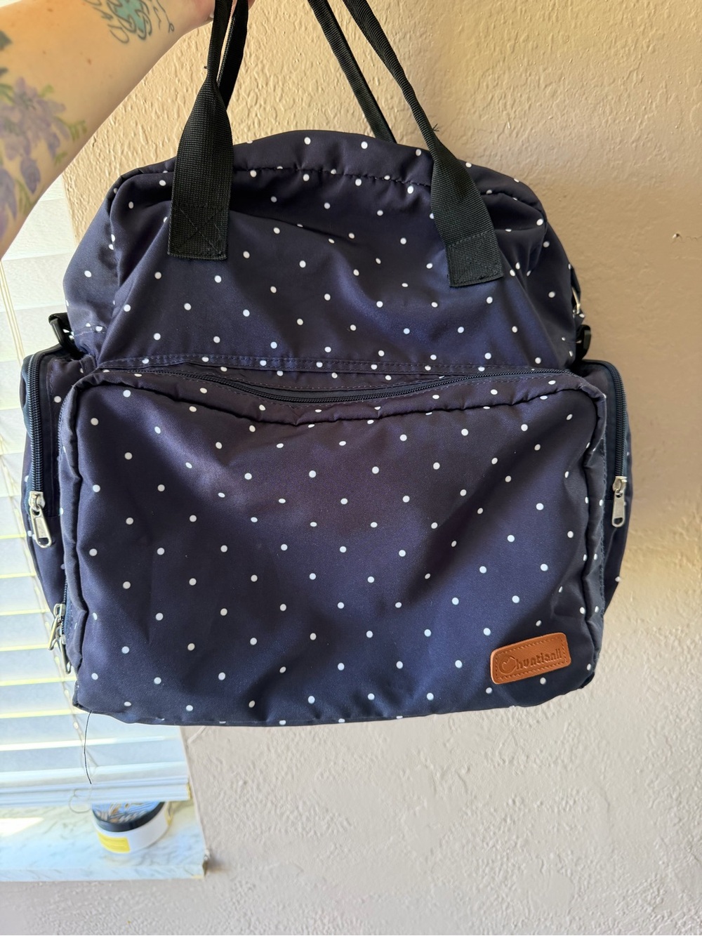 Polka Dot Navy diaper bag backpack/carry